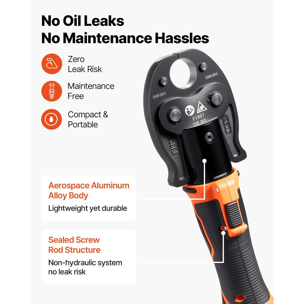VEVOR Cordless Mini Press Tool, 18V Electric Pipe Crimping Tool for 1/2", 3/4", 1" PEX Pipe Copper Rings, 24KN PEX Press Tool with 2pcs Battery, Fast Charger & Carrying Case - Meet ASTM F1807 Standard