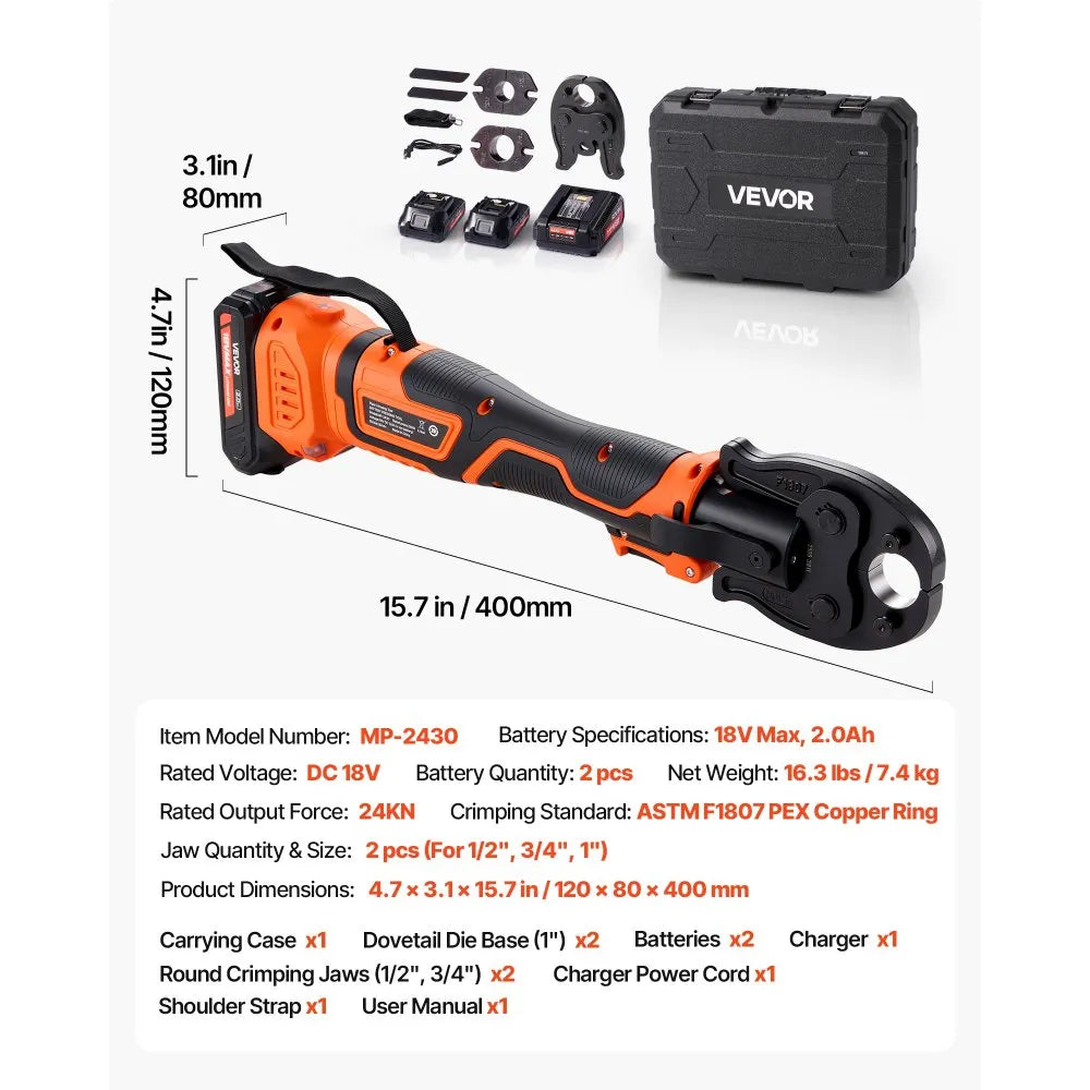VEVOR Cordless Mini Press Tool, 18V Electric Pipe Crimping Tool for 1/2", 3/4", 1" PEX Pipe Copper Rings, 24KN PEX Press Tool with 2pcs Battery, Fast Charger & Carrying Case - Meet ASTM F1807 Standard