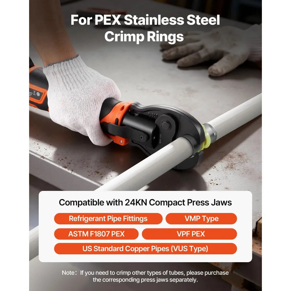 VEVOR Press Tool, 18V Electric Pipe Crimping Tool for 1/2" 3/4" 1" PEX Pipe Stainless Steel Rings, 24KN PEX Press Tool Compatible with PureFlow - with 3 VPF Jaws, 2pcs 2AH Batteries, Charger & Toolbox