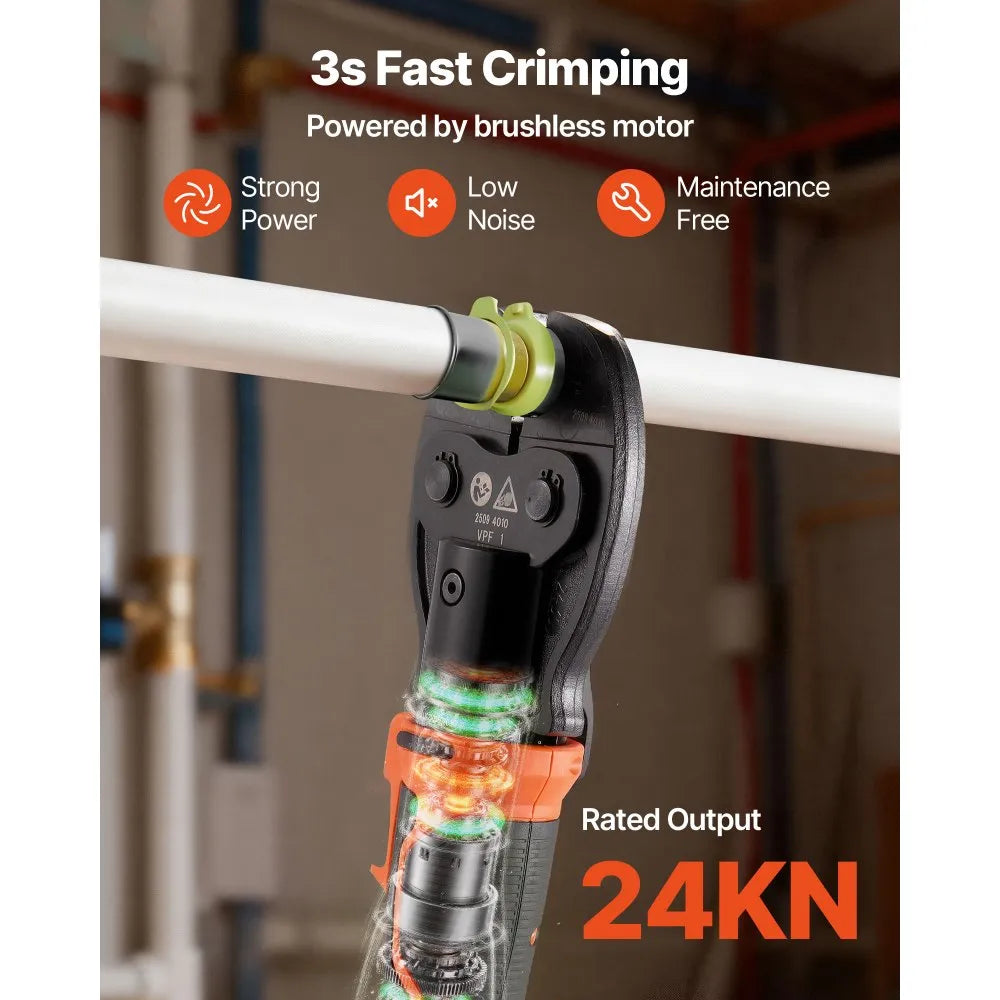 VEVOR Press Tool, 18V Electric Pipe Crimping Tool for 1/2" 3/4" 1" PEX Pipe Stainless Steel Rings, 24KN PEX Press Tool Compatible with PureFlow - with 3 VPF Jaws, 2pcs 2AH Batteries, Charger & Toolbox