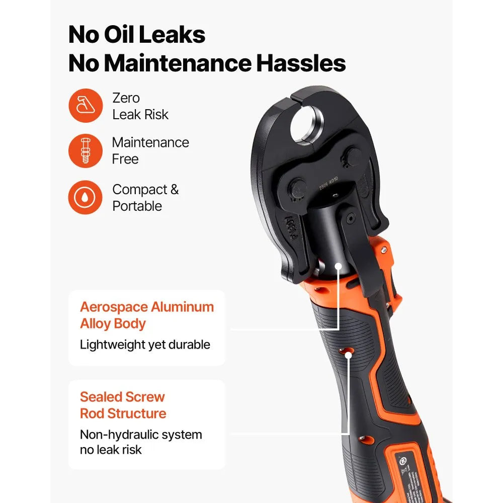 VEVOR Press Tool, 18V Electric Pipe Crimping Tool for 1/2" 3/4" 1" PEX Pipe Stainless Steel Rings, 24KN PEX Press Tool Compatible with PureFlow - with 3 VPF Jaws, 2pcs 2AH Batteries, Charger & Toolbox