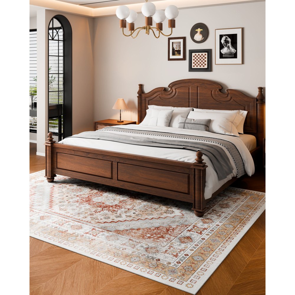 VEVOR Area Rug, 8 x 10 ft Large Washable Rug, Non-Slip and Tear-Resistant Soft Carpet, Pet & Child Friendly Vintage Area Rugs, Indoor Mat for Bedroom, Living Room, Kids Room, Office, Brown Red
