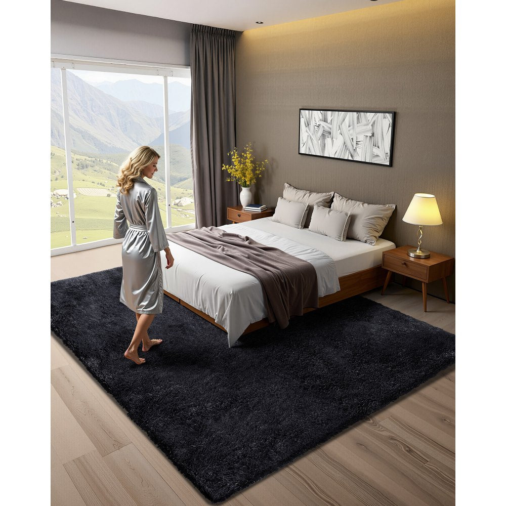VEVOR Indoor Plush Area Rugs, 8 x 10 ft Soft Plush Carpet, Furry Shag Area Rugs for Living Room, Bedroom, Sunroom, Modern Home Decor Aesthetic, Non-Shedding, Non-Woven, Slip-Resistant, Black