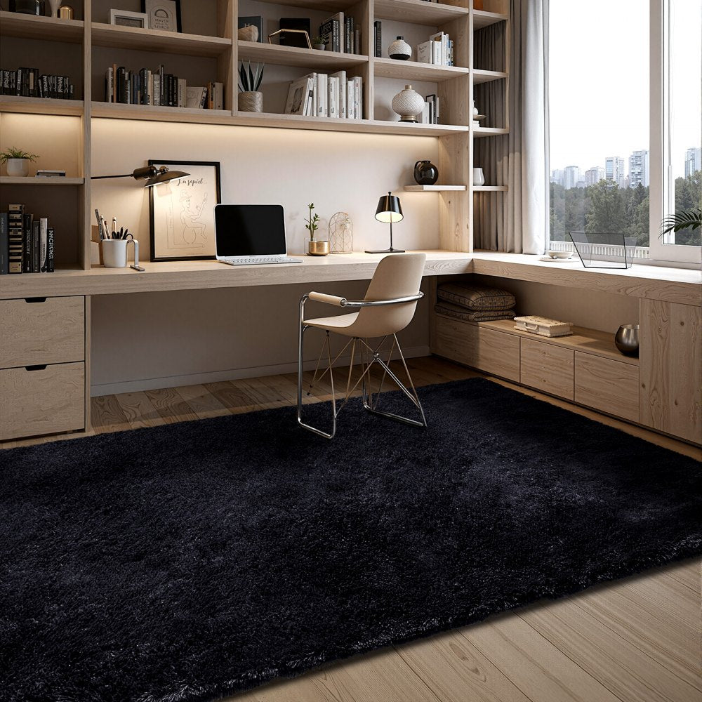 VEVOR Indoor Plush Area Rugs, 8 x 10 ft Soft Plush Carpet, Furry Shag Area Rugs for Living Room, Bedroom, Sunroom, Modern Home Decor Aesthetic, Non-Shedding, Non-Woven, Slip-Resistant, Black