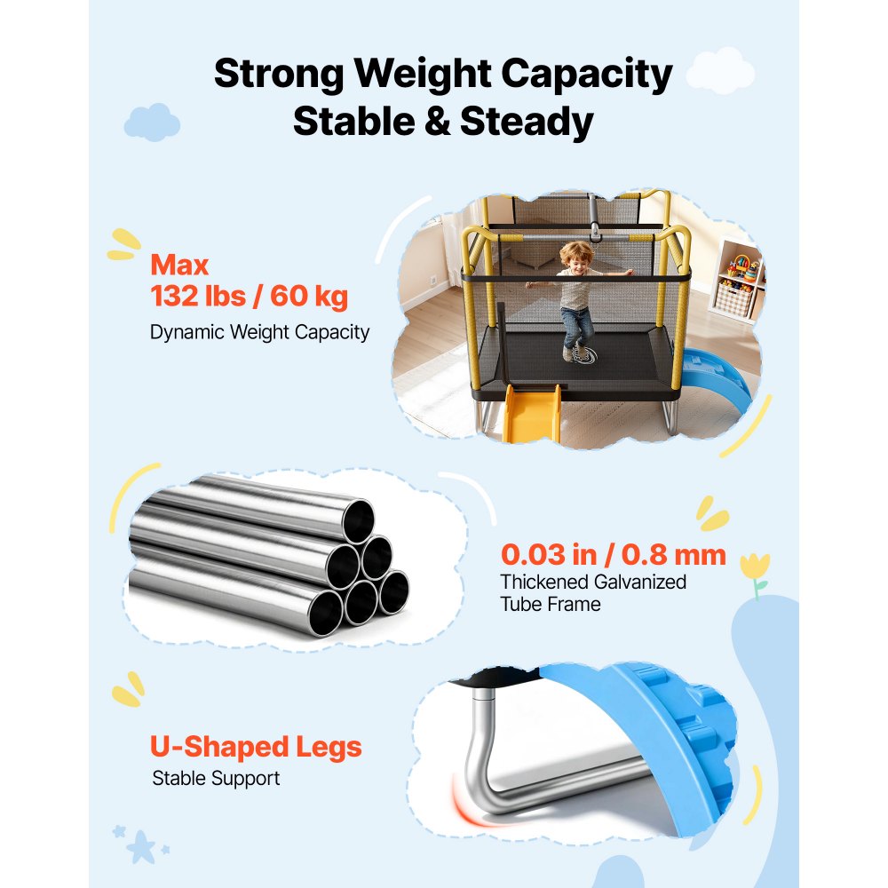 VEVOR Trampoline for Kids, Toddler Mini Trampoline, 132 lbs Capacity Indoor Outdoor Play Toys with Enclosure Net, Slide, and Ring, Easy to Assemble, Christmas Toys Birthday Gifts for Girls Boys