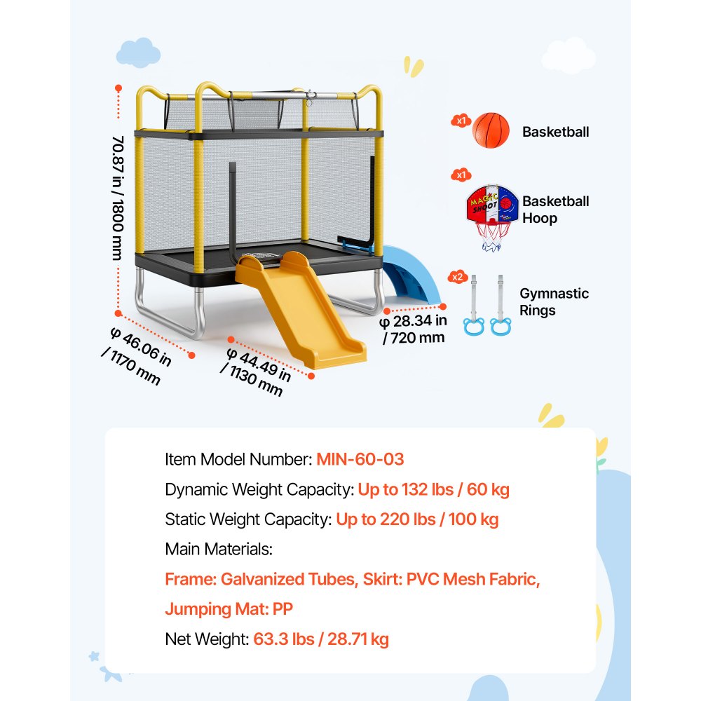 VEVOR Trampoline for Kids, Toddler Mini Trampoline, 132 lbs Capacity Indoor Outdoor Play Toys with Enclosure Net, Slide, and Ring, Easy to Assemble, Christmas Toys Birthday Gifts for Girls Boys