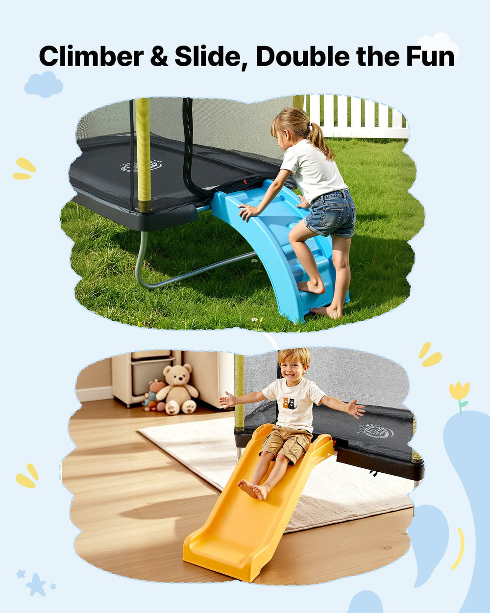 VEVOR Trampoline for Kids, Toddler Mini Trampoline, 132 lbs Capacity Indoor Outdoor Play Toys with Enclosure Net, Slide, and Ring, Easy to Assemble, Christmas Toys Birthday Gifts for Girls Boys