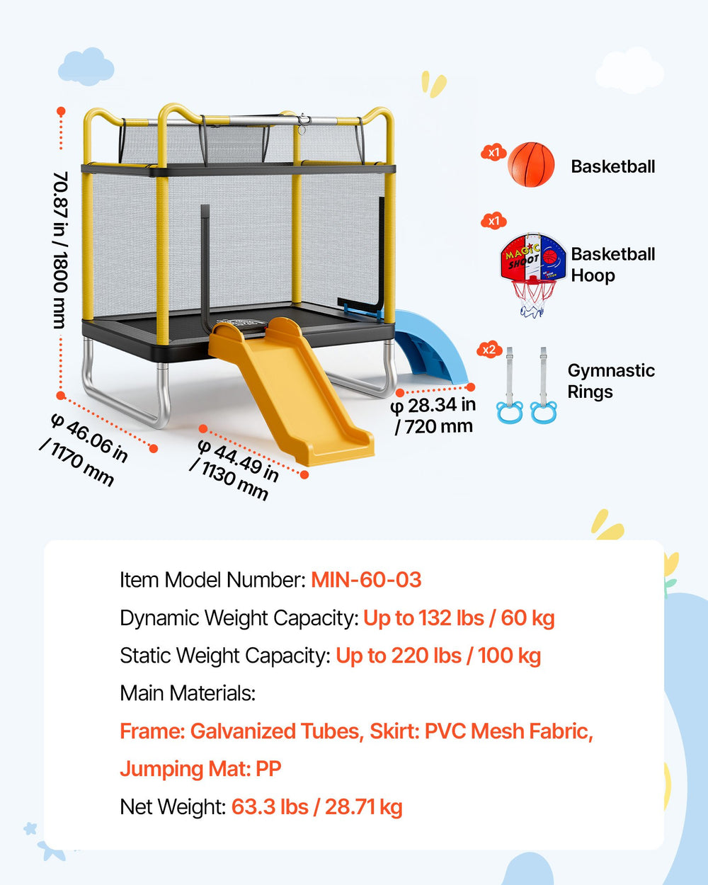 VEVOR Trampoline for Kids, Toddler Mini Trampoline, 132 lbs Capacity Indoor Outdoor Play Toys with Enclosure Net, Slide, and Ring, Easy to Assemble, Christmas Toys Birthday Gifts for Girls Boys