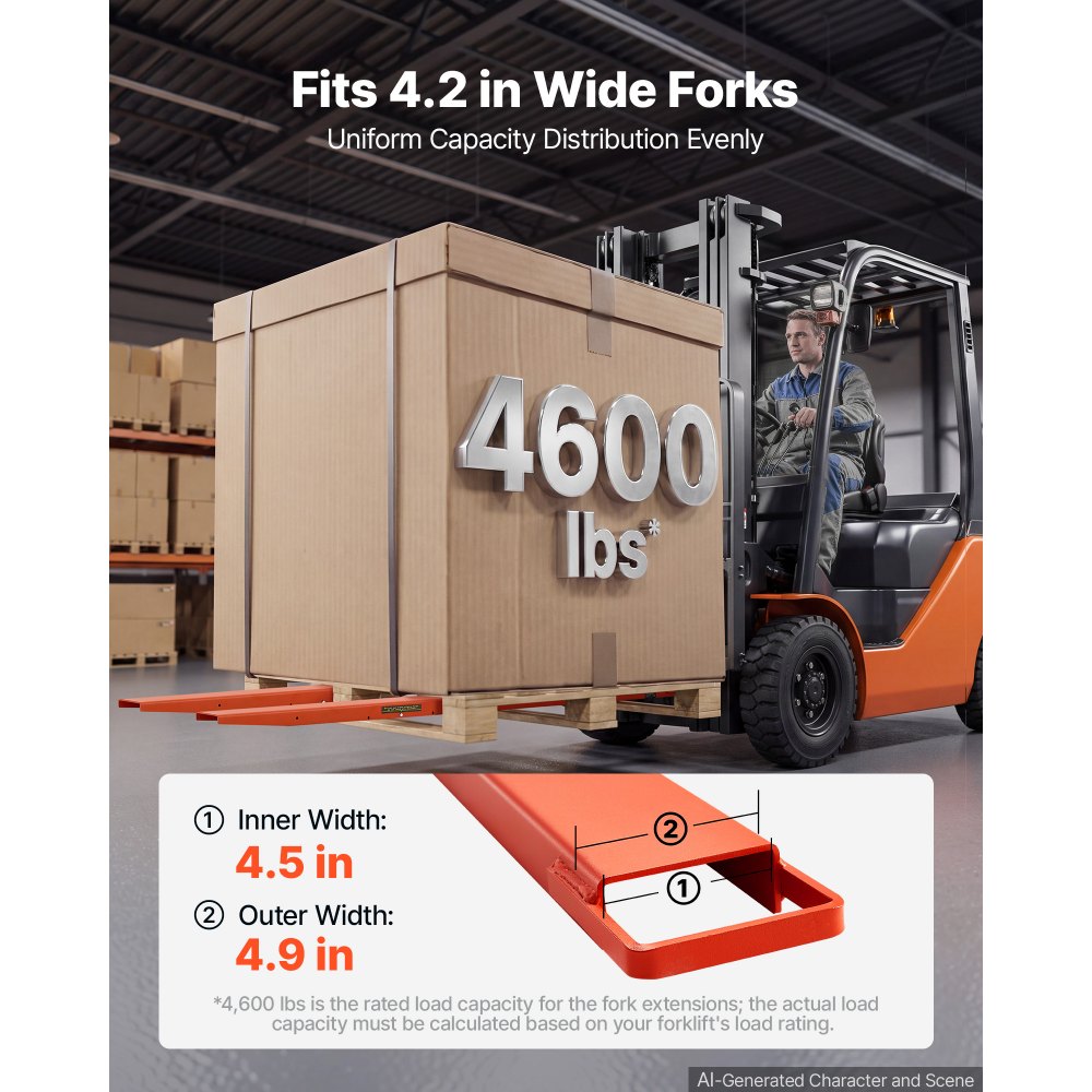 VEVOR Forklift Extensions 72 x 4.5 in, Upgrade Retaining Loop & Bottom Lock, for Forklifts and Forklift Trucks, Heavy-Duty Industrial Pallet Fork Attachments, Extended Load Handling, Orange, 1 Pair