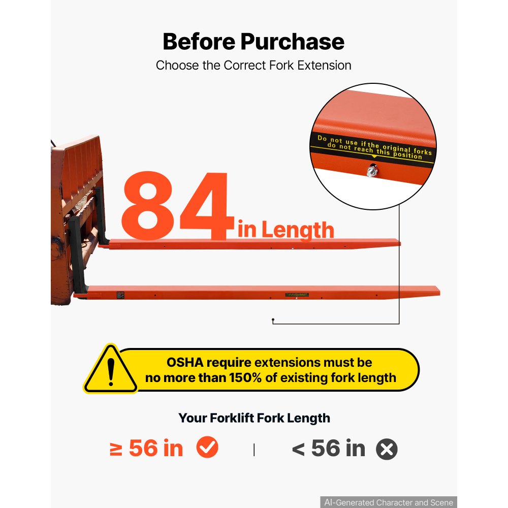 VEVOR Forklift Extensions 84 x 4.5 in, Upgrade Retaining Loop & Bottom Lock, for Forklifts and Forklift Trucks, Heavy-Duty Industrial Pallet Fork Attachments, Extended Load Handling, Orange, 1 Pair