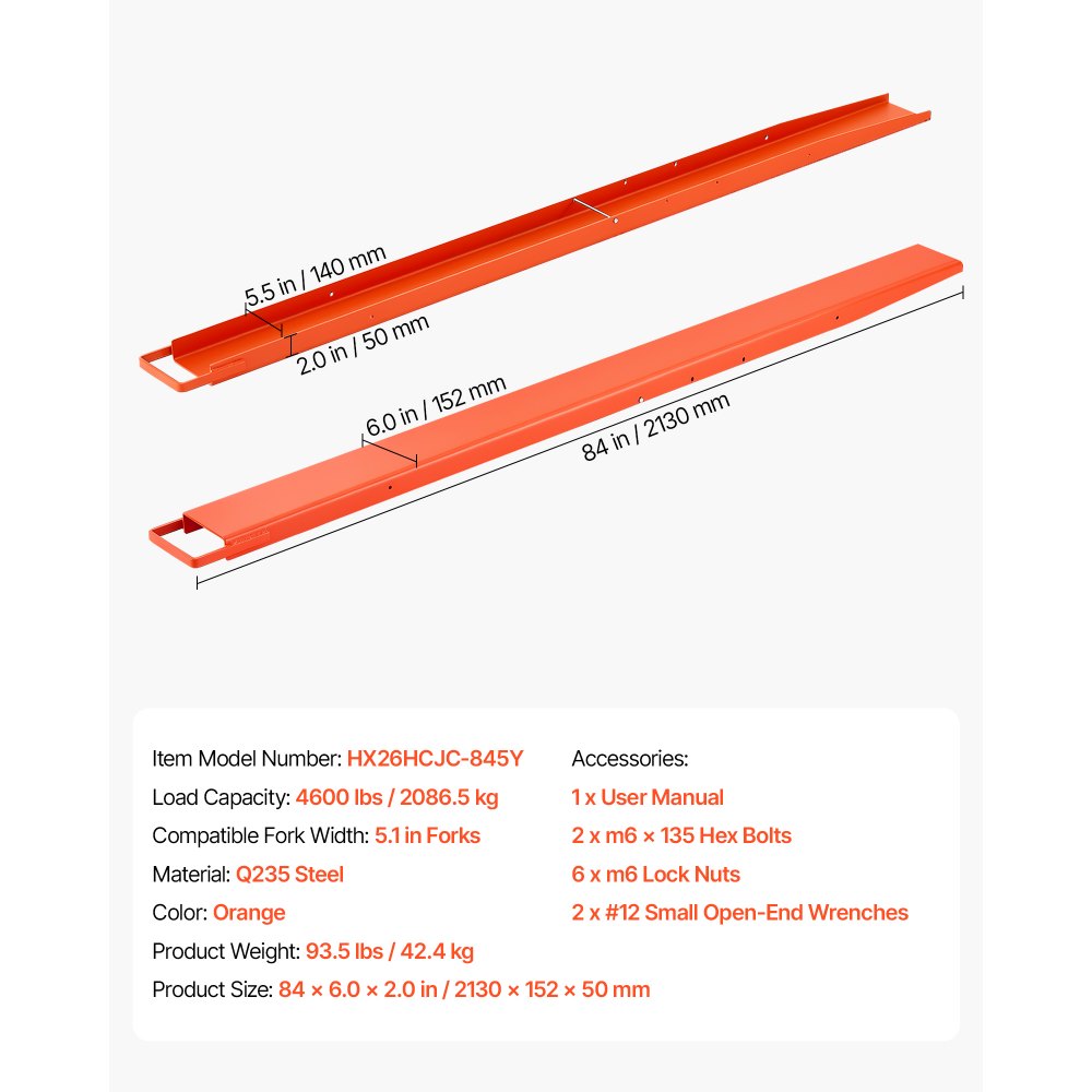 VEVOR Forklift Extensions 84 x 5.5 in, Upgrade Retaining Loop & Bottom Lock, for Forklifts and Forklift Trucks, Heavy-Duty Industrial Pallet Fork Attachments, Extended Load Handling, Orange, 1 Pair