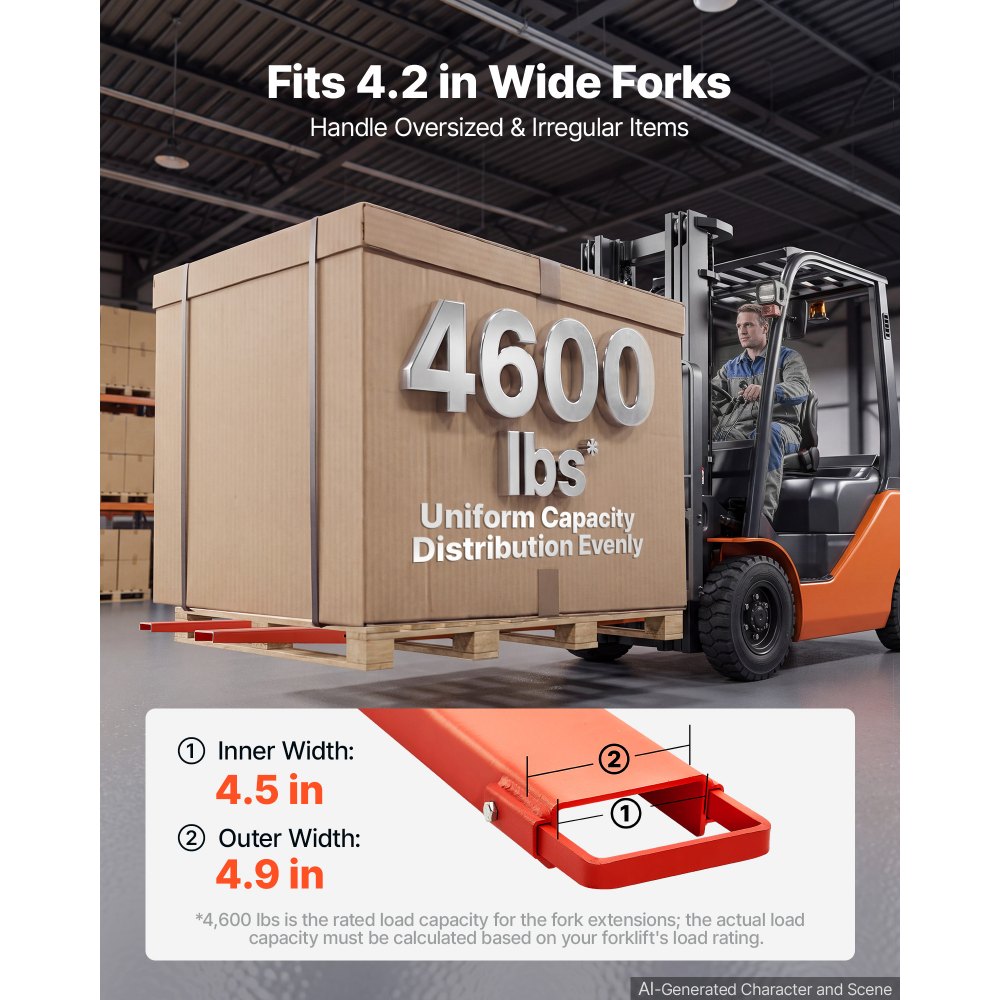 VEVOR Forklift Extensions 96 x 4.5 in, Upgrade Retaining Loop & Bottom Lock, for Forklifts and Forklift Trucks, Heavy-Duty Industrial Pallet Fork Attachments, Extended Load Handling, Orange, 1 Pair