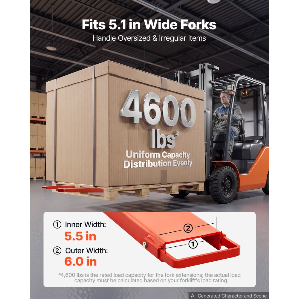 VEVOR Forklift Extensions 96 x 5.5 in, Upgrade Retaining Loop & Bottom Lock, for Forklifts and Forklift Trucks, Heavy-Duty Industrial Pallet Fork Attachments, Extended Load Handling, Orange, 1 Pair