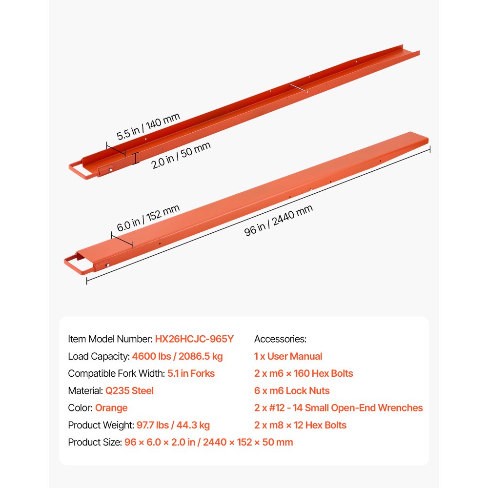 VEVOR Forklift Extensions 96 x 5.5 in, Upgrade Retaining Loop & Bottom Lock, for Forklifts and Forklift Trucks, Heavy-Duty Industrial Pallet Fork Attachments, Extended Load Handling, Orange, 1 Pair