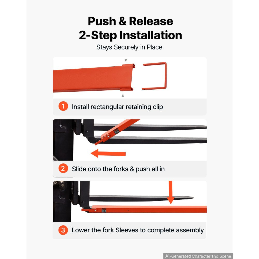 VEVOR Forklift Extensions 96 x 5.5 in, Upgrade Retaining Loop & Bottom Lock, for Forklifts and Forklift Trucks, Heavy-Duty Industrial Pallet Fork Attachments, Extended Load Handling, Orange, 1 Pair
