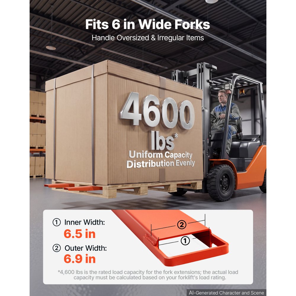 VEVOR Forklift Extensions 96 x 6.5 in, Upgrade Retaining Loop & Bottom Lock, for Forklifts and Forklift Trucks, Heavy-Duty Industrial Pallet Fork Attachments, Extended Load Handling, Orange, 1 Pair