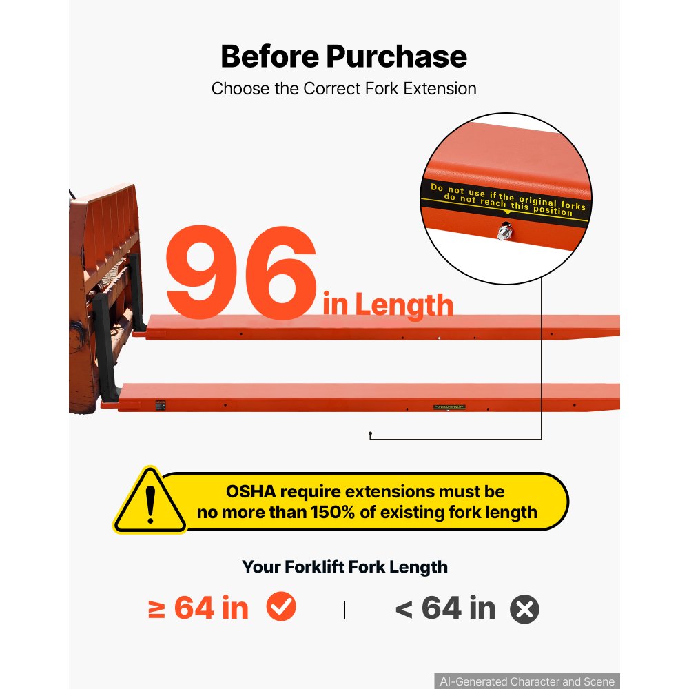 VEVOR Forklift Extensions 96 x 6.5 in, Upgrade Retaining Loop & Bottom Lock, for Forklifts and Forklift Trucks, Heavy-Duty Industrial Pallet Fork Attachments, Extended Load Handling, Orange, 1 Pair