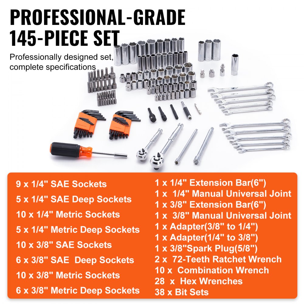 VEVOR Mechanics Tool Set and Socket Set, 1/4" and 3/8" Drive Deep and Standard Sockets, 145 Pcs SAE and Metric Mechanic Tool Kit with Bits, Combination Wrench, Hex Wrenches, Accessories, Storage Case