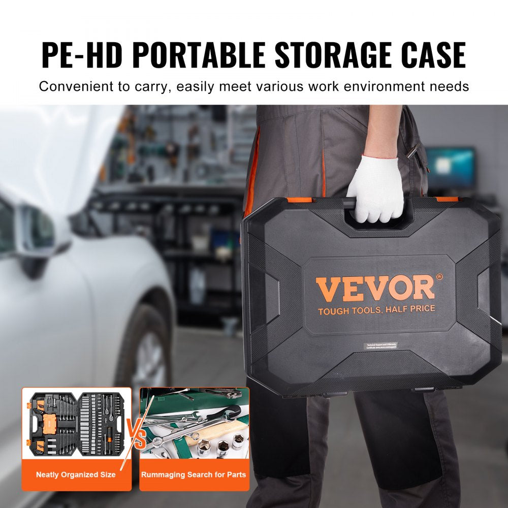 VEVOR Mechanics Tool Set and Socket Set, 1/4" and 3/8" Drive Deep and Standard Sockets, 145 Pcs SAE and Metric Mechanic Tool Kit with Bits, Combination Wrench, Hex Wrenches, Accessories, Storage Case
