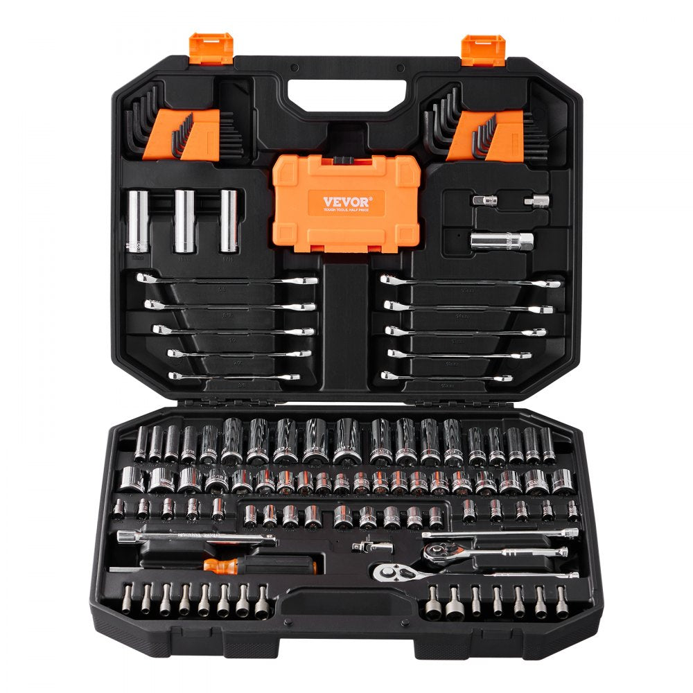 VEVOR Mechanics Tool Set and Socket Set, 1/4" and 3/8" Drive Deep and Standard Sockets, 145 Pcs SAE and Metric Mechanic Tool Kit with Bits, Combination Wrench, Hex Wrenches, Accessories, Storage Case