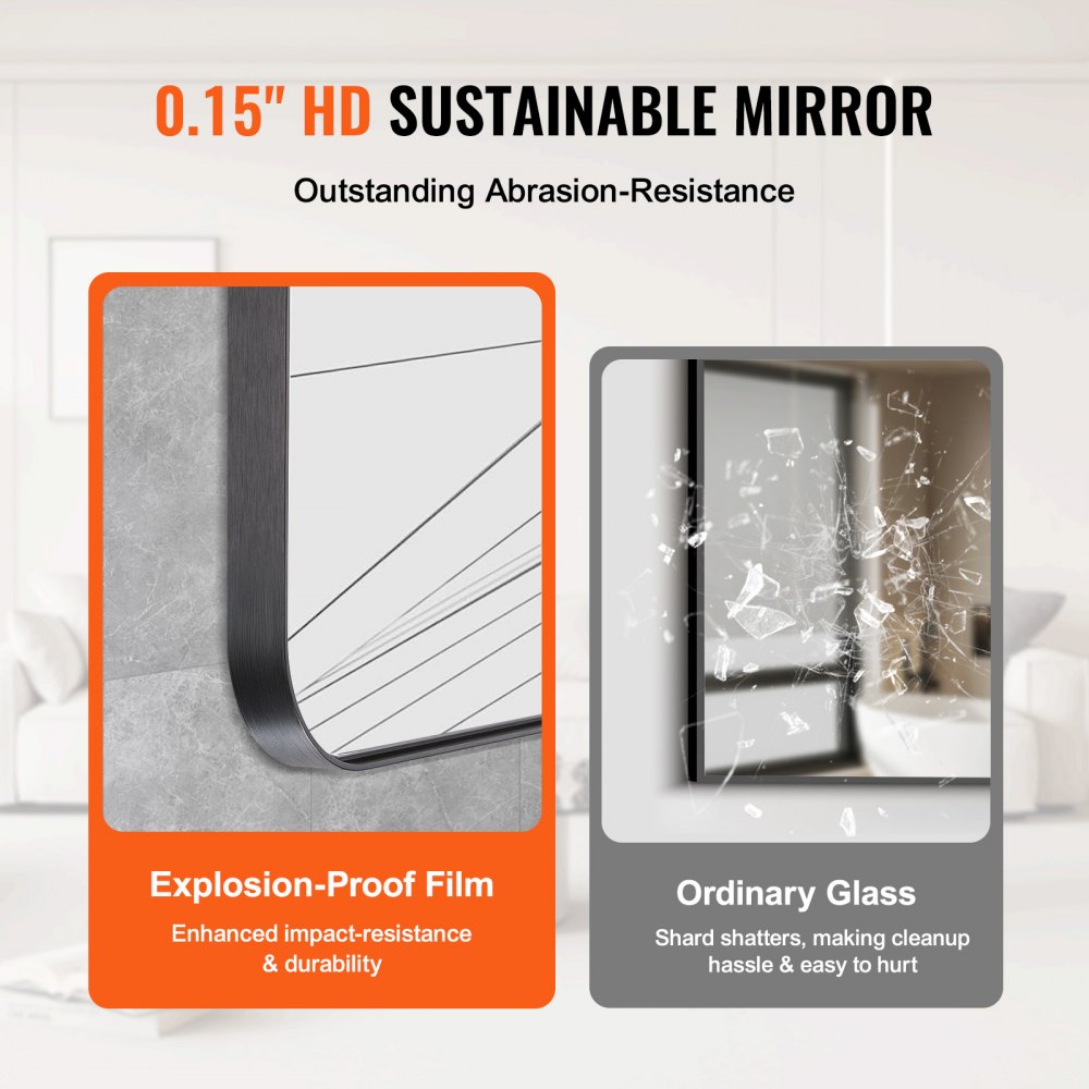 VEVOR Wall Mounted Makeup Mirror, 0.15" Thick, 24" x 36" Mirror with Aluminium Alloy Frame & Explosion-Proof Film, Scratch-Resistant Mirror with Z-Shaped Bracket, Fit for Bathroom/Bedroom/Living Room