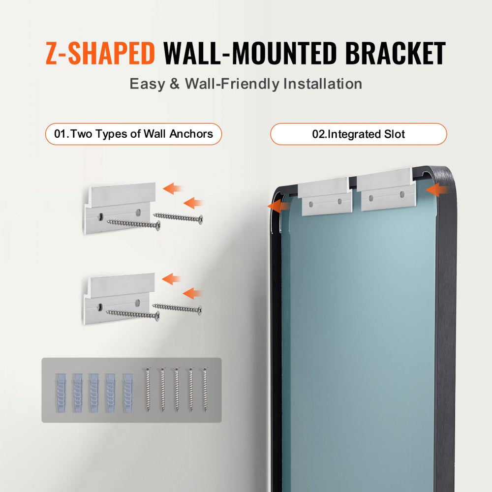 VEVOR Wall Mounted Makeup Mirror, 0.15" Thick, 24" x 36" Mirror with Aluminium Alloy Frame & Explosion-Proof Film, Scratch-Resistant Mirror with Z-Shaped Bracket, Fit for Bathroom/Bedroom/Living Room