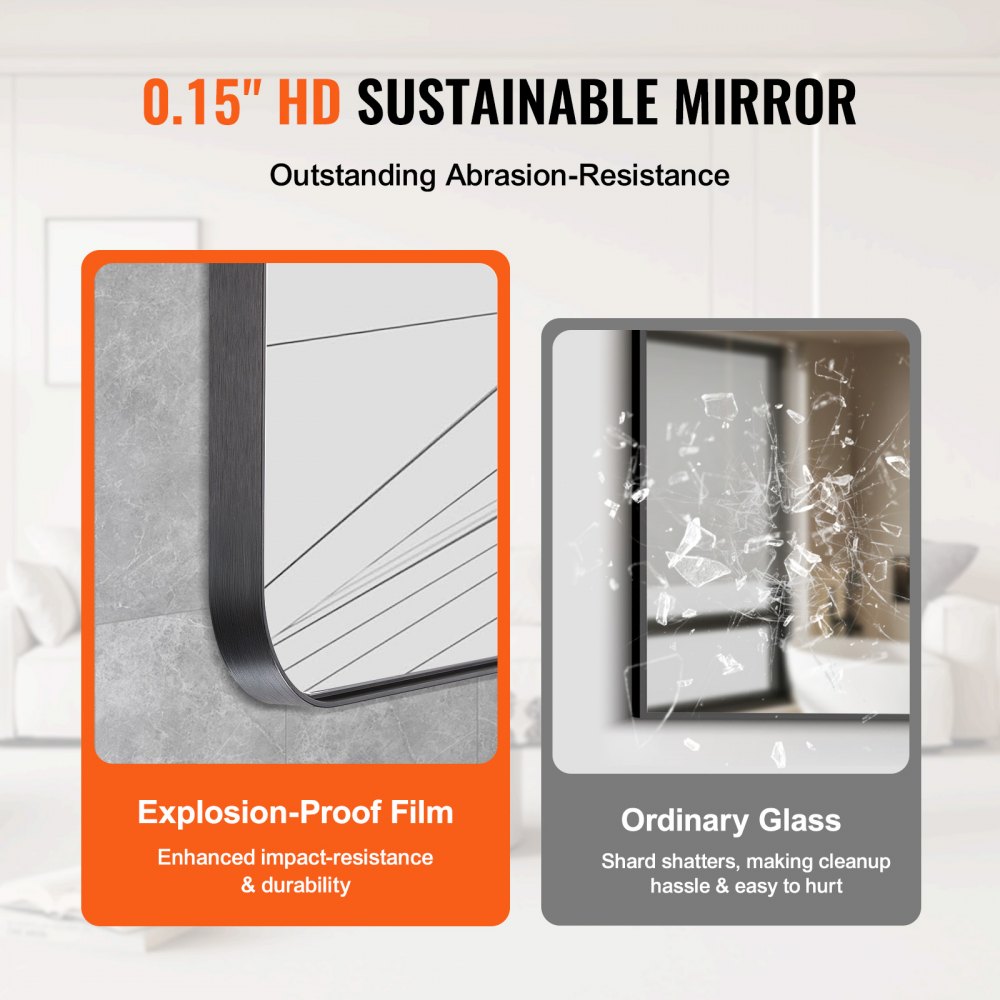VEVOR Wall Mounted Makeup Mirror, 0.15" Thick, 30" x 40" Mirror with Aluminium Alloy Frame & Explosion-Proof Film, Scratch-Resistant Mirror with Z-Shaped Bracket, Fit for Bathroom/Bedroom/Living Room
