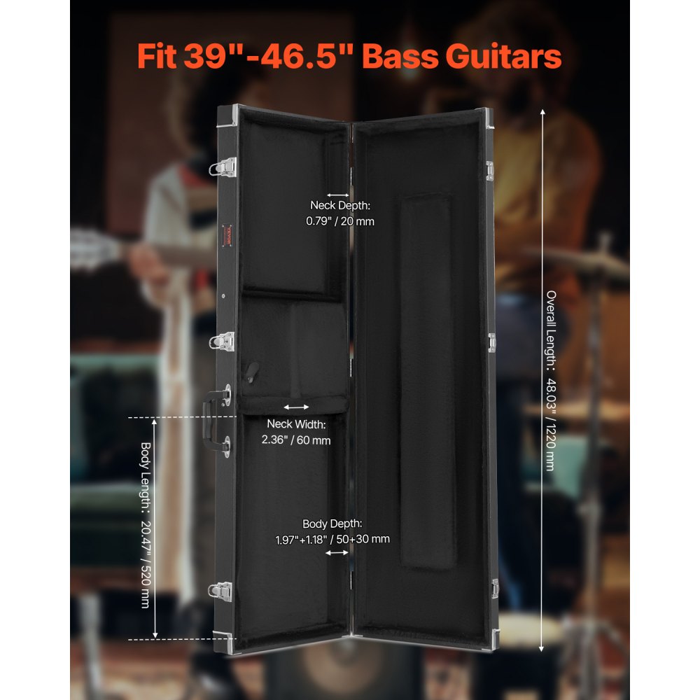VEVOR Bass Guitar Hard Case, 48.03 in Rectangular Guitar Hard Case, With Lock Latch Keys Handle, PVC Padding Soft Lining Water-Resistant Hard Shell Guitar Cases, for 39-46.5 in Bass Guitars, Black
