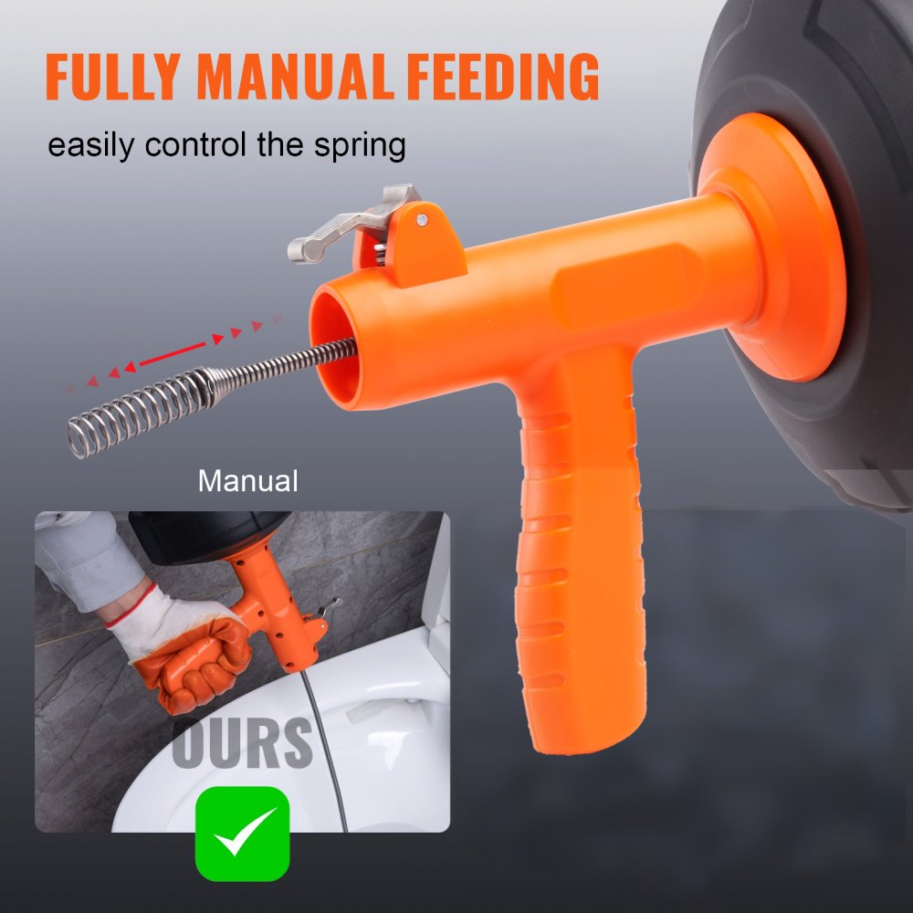VEVOR Drain Auger 25Ft, Plumbing Snake Auto Feed, Plumbers Snake with Drill Attachment, Pipe Snake Drain Clog Remover for Kitchen Bathroom Shower Sink with Protective Hose and Gloves