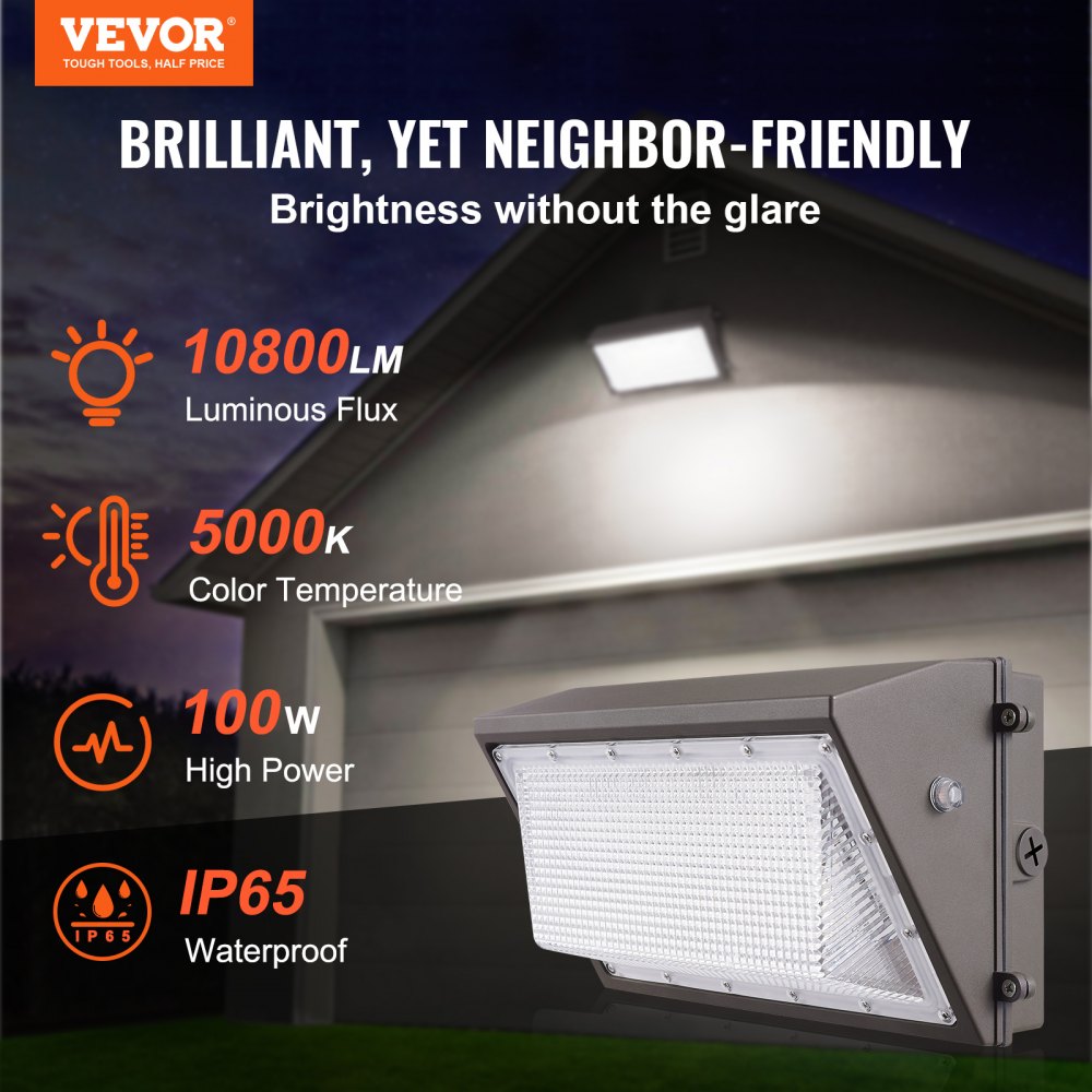 VEVOR 4PCs LED Wall Pack Lights, 100W 10800LM, 5000K Commercial Outdoor Lights Security Lighting Fixture, with Intelligent Light Sensing 180 LED beads Energy Saving for Garages Yards, IP65 Waterproof