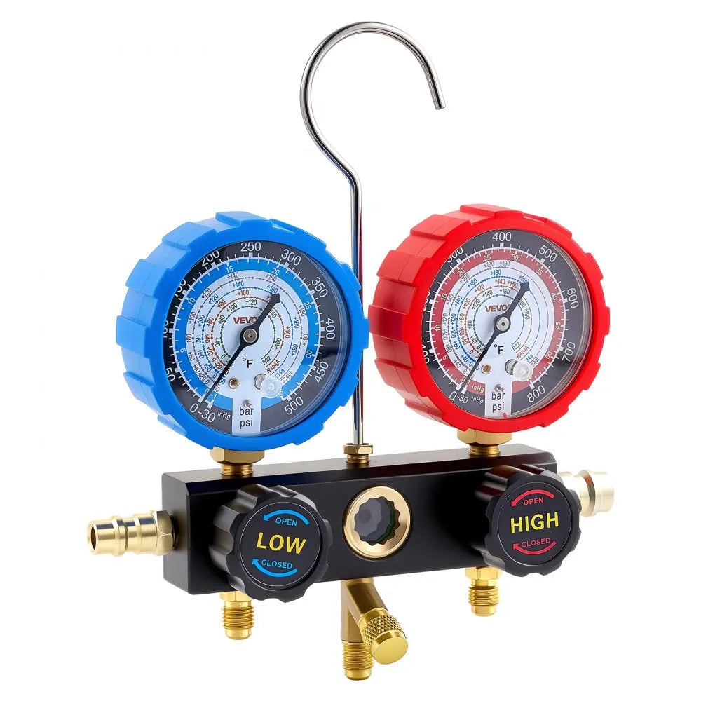 VEVOR AC Manifold Gauge Set for R134a R404A R1234yf R22 Refrigerant, 3 Way AC Gauge with 5 ft Hoses, Adapters, Quick Couplers, Can Taps for Automotive Air Conditioning Maintenance, Charging Evacuation