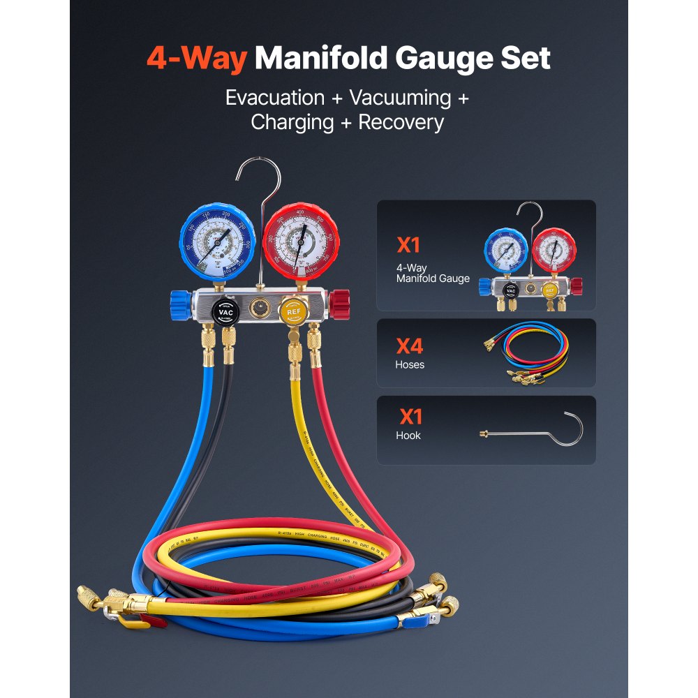 VEVOR AC Manifold Gauge Set for R22 R404A R410A R12 Refrigerants, 4 Way AC Gauges with 5 ft Hoses for Automotive & Household Air Conditioning Maintenance, Evacuation Vacuuming Charging and Recovery