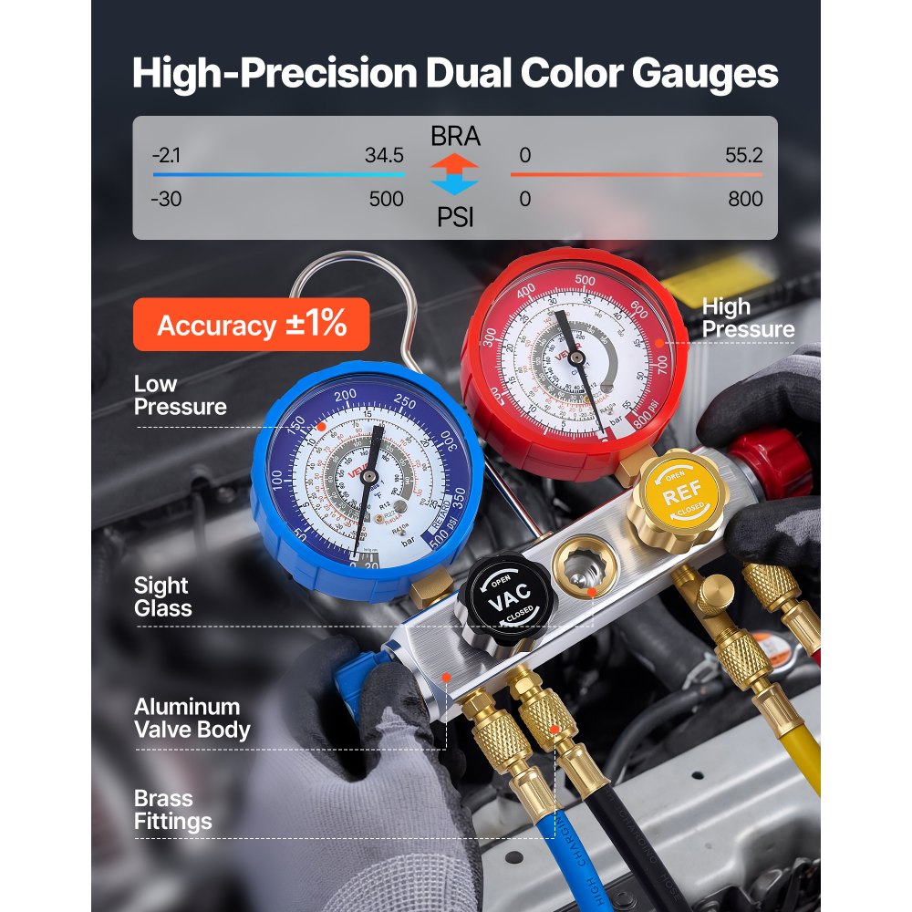 VEVOR AC Manifold Gauge Set for R22 R404A R410A R12 Refrigerants, 4 Way AC Gauges with 5 ft Hoses for Automotive & Household Air Conditioning Maintenance, Evacuation Vacuuming Charging and Recovery