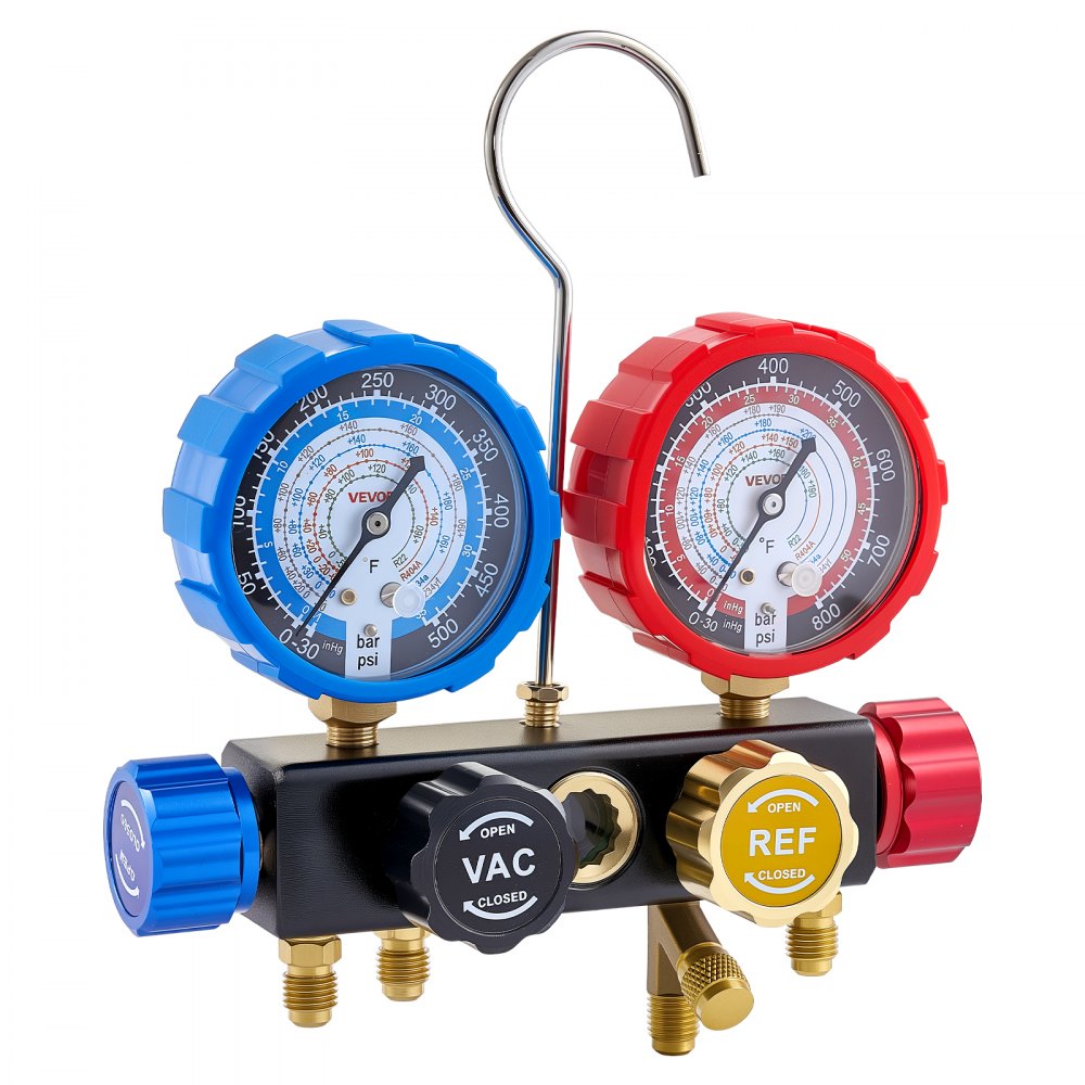 VEVOR AC Manifold Gauge Set for R134a R404A R1234yf R22 Refrigerant, 4 Way AC Gauge with 5 ft Hoses, Adapters, Quick Couplers, Can Taps for Automotive Air Conditioning Maintenance, Charging Evacuation