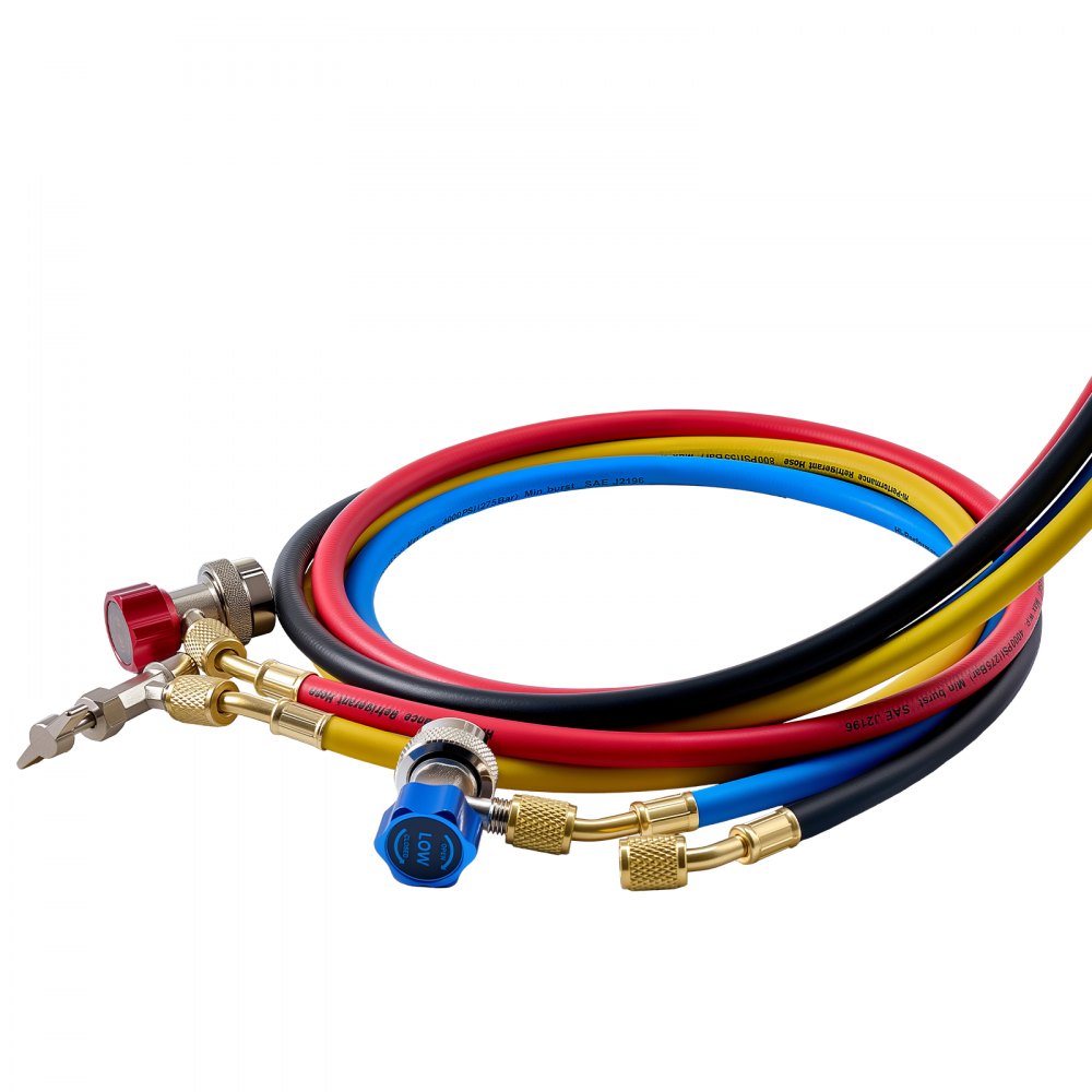 VEVOR AC Manifold Gauge Set for R134a R404A R1234yf R22 Refrigerant, 4 Way AC Gauge with 5 ft Hoses, Adapters, Quick Couplers, Can Taps for Automotive Air Conditioning Maintenance, Charging Evacuation