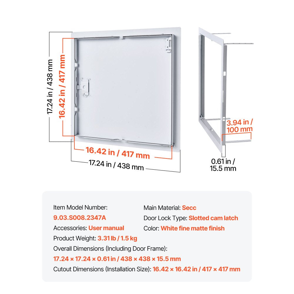 VEVOR Access Panel for Drywall & Ceiling, 16 x 16 Inch Plumbing Access Panels, Reinforced Access Door, Heavy-Duty Steel Wall Hole Cover, Easy Install Removable Hinged Panel for Wiring & Cables, Silver
