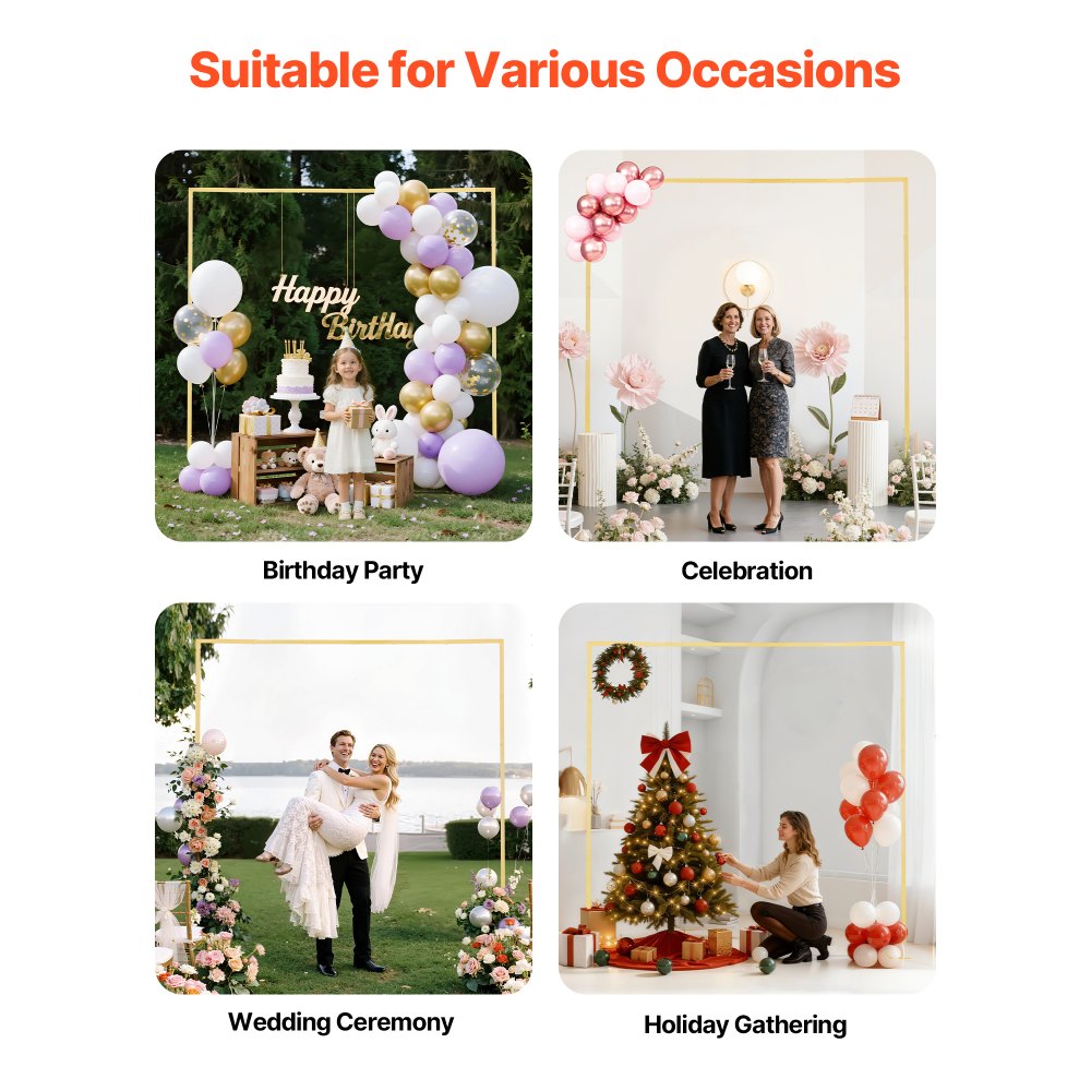 VEVOR Arch Backdrop Stand, 8 x 8 ft, Stable Structure, Easy Assembly, Square Gold Metal Arch Backdrop Stand for Wedding, Birthday Party, Graduation, Holiday Celebration, and Ceremony Decoration