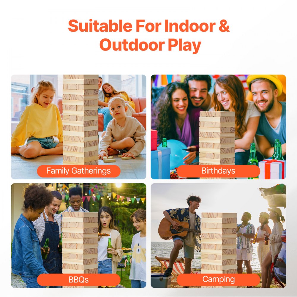 VEVOR Tumbling Timber Toy, 54 Blocks Tumble Tower Blocks Game, Pine Wood Tumbling Tower Game with Storage Crate, Wooden Stacking Game for 1 or More Players, Tumble Tower Family Game for Indoor/Outdoor
