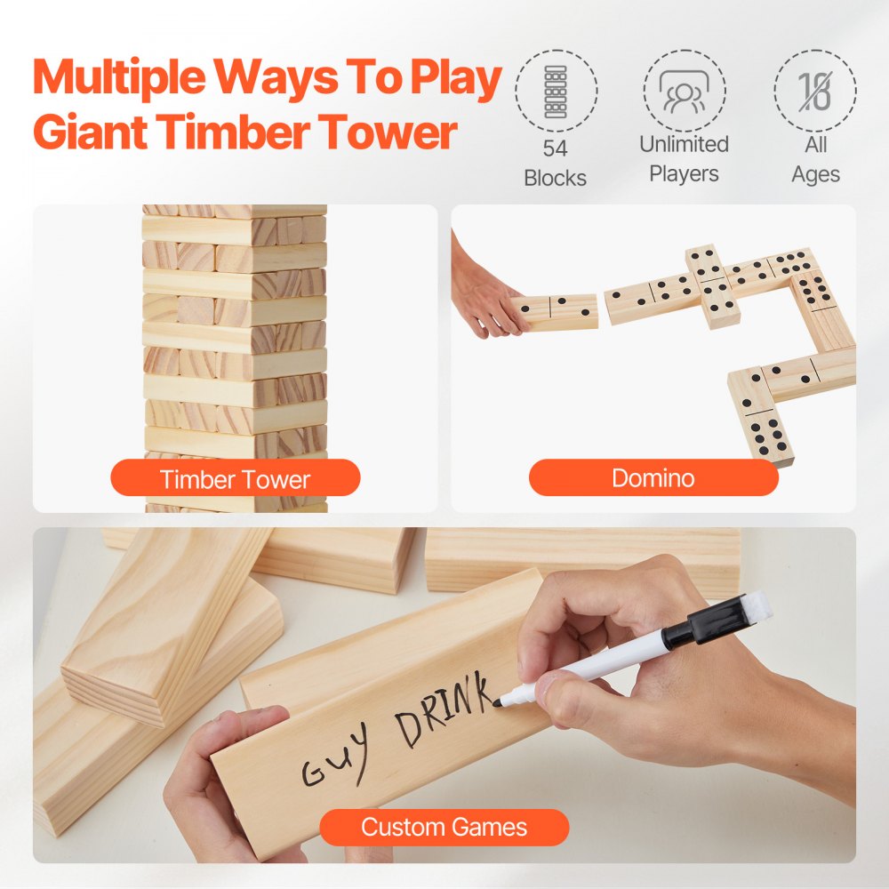 VEVOR Tumbling Timber Toy, 54 Blocks Tumble Tower Blocks Game, Pine Wood Tumbling Tower Game with Storage Crate, Multiple Ways to Play Wooden Stacking Game, Tumble Tower Family Game for Indoor/Outdoor