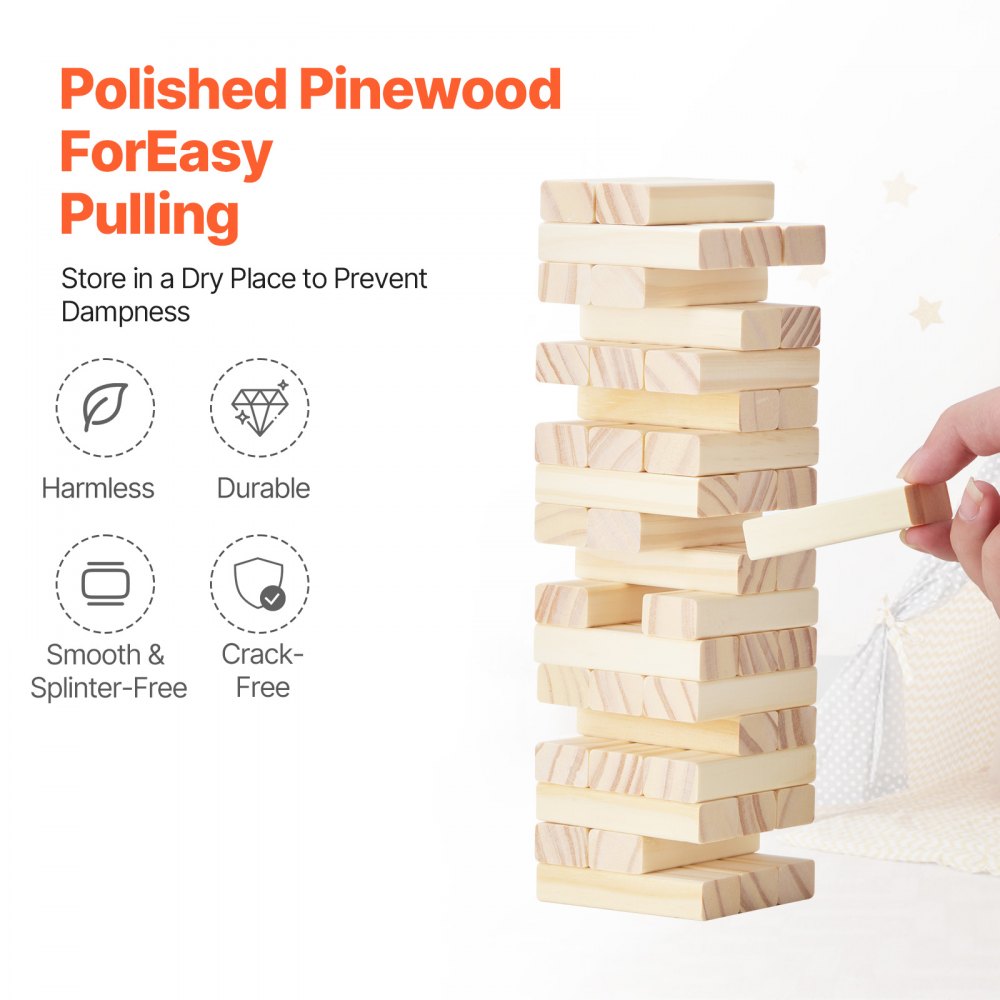 VEVOR Tumbling Timber Toy, 54 Blocks Tumble Tower Blocks Game, Pine Wood Tumbling Tower Game with Storage Crate, Multiple Ways to Play Wooden Stacking Game, Tumble Tower Family Game for Indoor/Outdoor