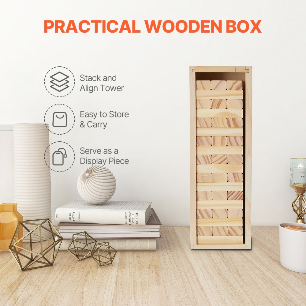 VEVOR Tumbling Timber Toy, 54 Blocks Tumble Tower Blocks Game, Pine Wood Tumbling Tower Game with Storage Crate, Multiple Ways to Play Wooden Stacking Game, Tumble Tower Family Game for Indoor/Outdoor