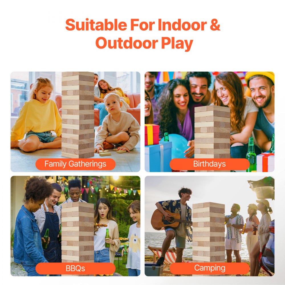 VEVOR Tumbling Timber Toy, 54 Blocks Large Tumble Tower Blocks Game, Pine Wood Tumbling Tower Game with Carry Bag and Scoreboard, Wooden Stacking Game, Tumble Tower Family Games for Indoor/Outdoor
