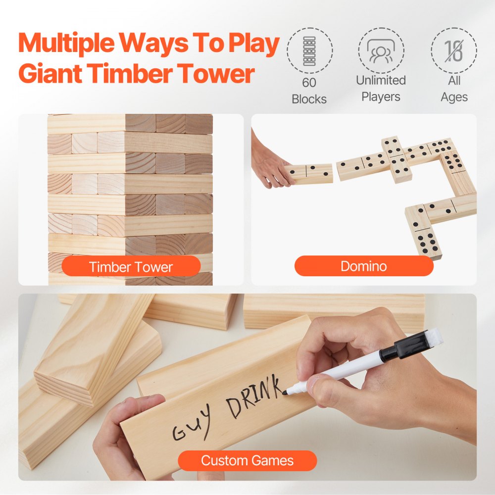 VEVOR Tumbling Timber Toy, 60 Blocks Giant Tumble Tower Blocks Game, Pine Wood Tumbling Tower Game with Carry Bag and Scoreboard, Wooden Stacking Game, Tumble Tower Family Games for Indoor/Outdoor