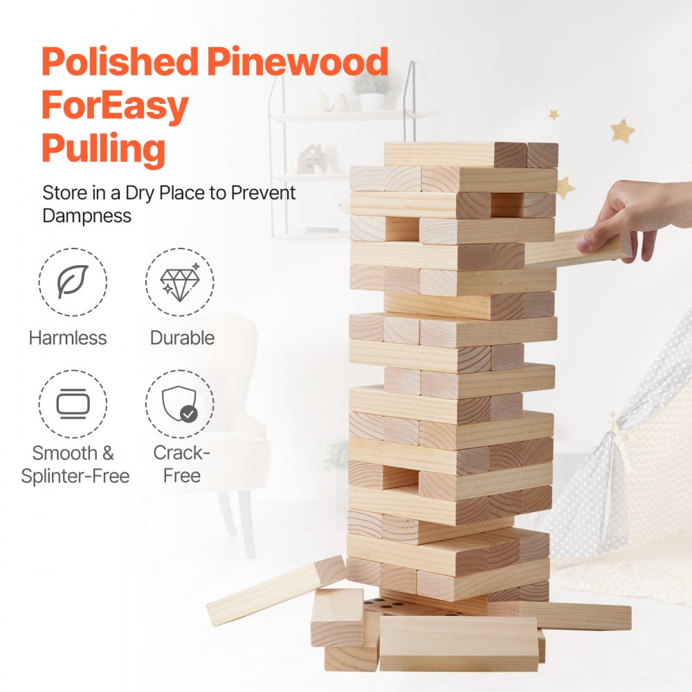 VEVOR Tumbling Timber Toy, 60 Blocks Giant Tumble Tower Blocks Game, Pine Wood Tumbling Tower Game with Carry Bag and Scoreboard, Wooden Stacking Game, Tumble Tower Family Games for Indoor/Outdoor
