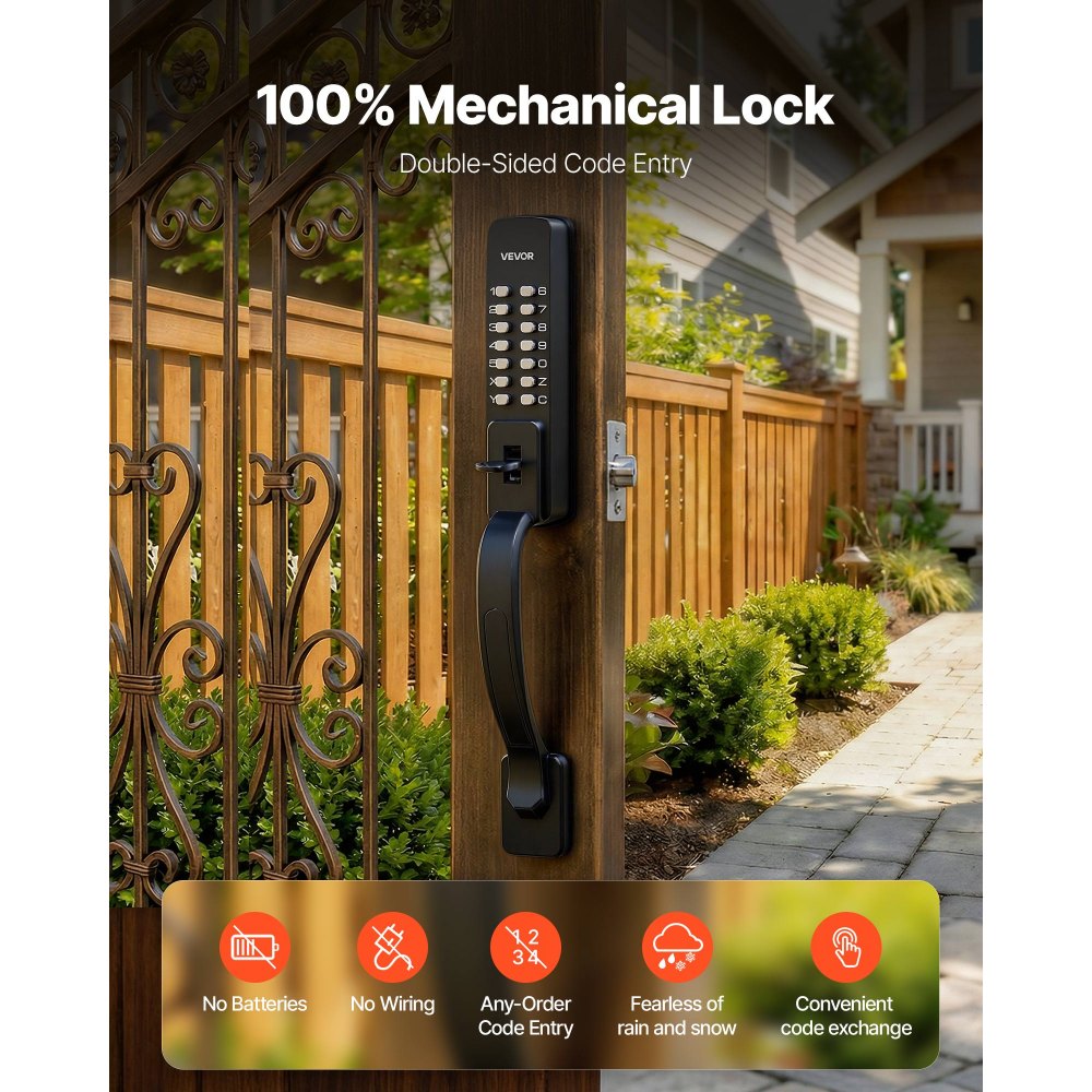VEVOR Mechanical Keyless Entry Door Lock, 2.0 Code Upgrade, 4-7 Digits Code, Double-Sided Push Button Combination Keypad Door Lock with Pull Handle, Auto Locking, for Garden Gates, Indoor or Outdoor