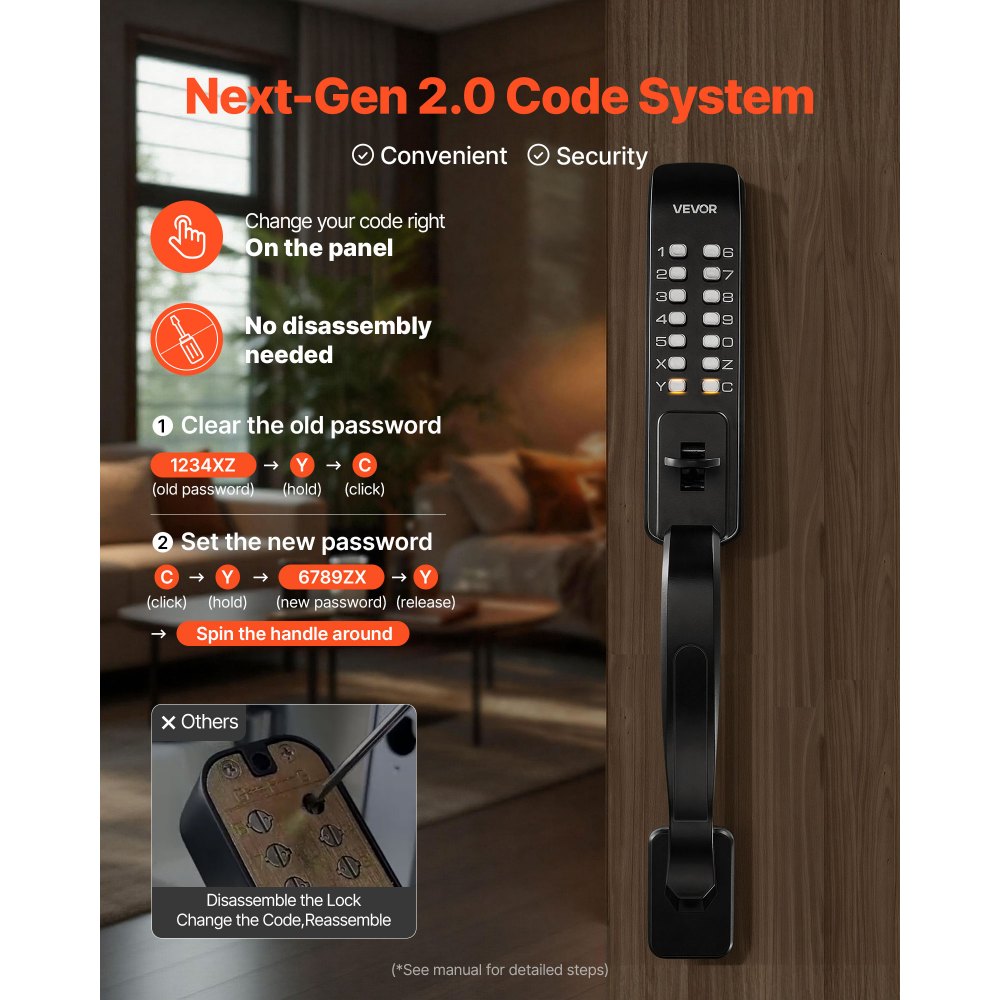 VEVOR Mechanical Keyless Entry Door Lock, 2.0 Code Upgrade, 4-7 Digits Code, Double-Sided Push Button Combination Keypad Door Lock with Pull Handle, Auto Locking, for Garden Gates, Indoor or Outdoor