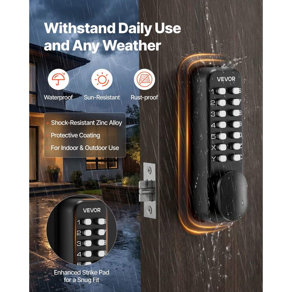 VEVOR Mechanical Keyless Entry Door Lock, 2.0 Code Upgrade, 4-7 Digits Code, Single-Sided Push Button Combination Mechanical Keypad Door Knob, Auto Locking, for Garden Gates, Indoor or Outdoor, Black