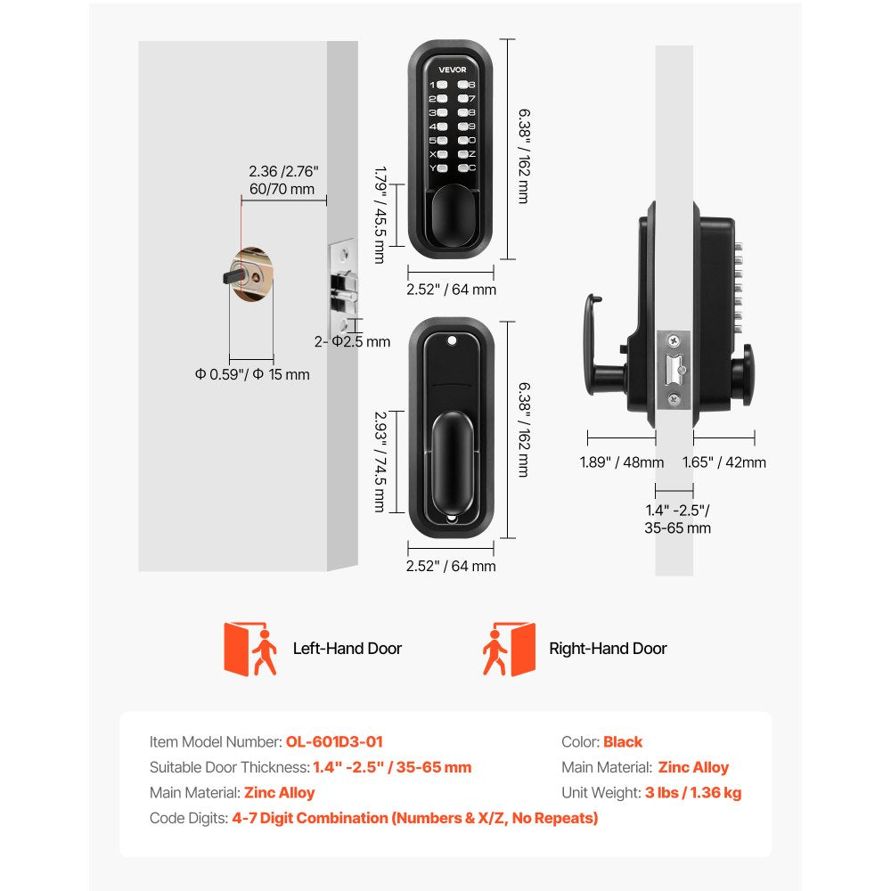 VEVOR Mechanical Keyless Entry Door Lock, 2.0 Code Upgrade, 4-7 Digits Code, Single-Sided Push Button Combination Mechanical Keypad Door Knob, Auto Locking, for Garden Gates, Indoor or Outdoor, Black