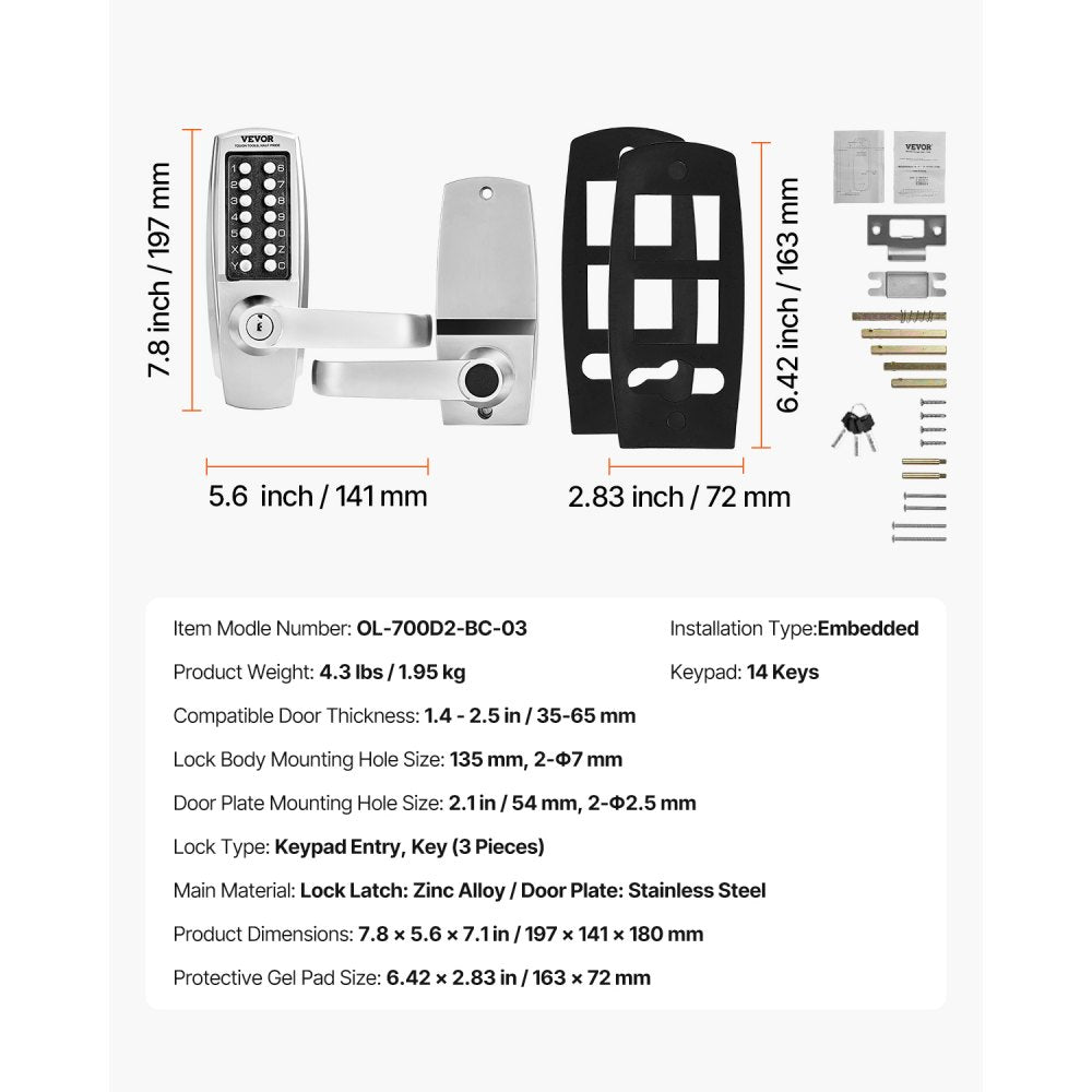 VEVOR Mechanical Keyless Entry Door Lock, 14 Key Mechanical Door Lock with Keys, Mechanical Keypad Door Lock with Handle, Stainless Steel Waterproof Keyless Gate Lock, for Home Office Outdoor Garage