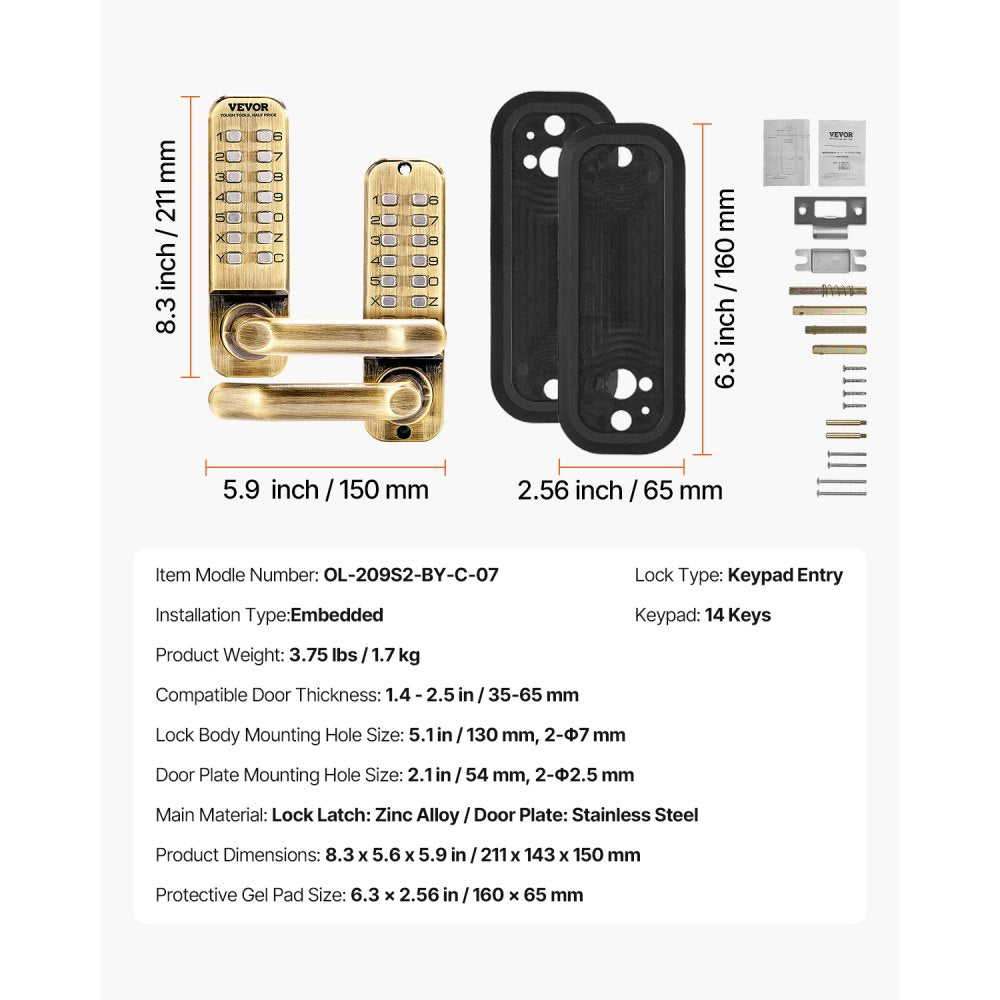 VEVOR Mechanical Keyless Entry Door Lock, 14 Key Mechanical Door Lock, Mechanical Keypad Door Lock with Handle, Double-Sided Stainless Steel Waterproof Keyless Gate Lock, for Home Office Fence Garage